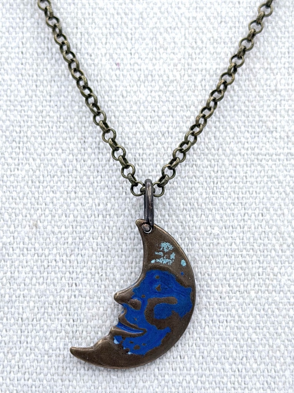 Man in the Moon Brass Crescent Moon Face Necklace Unisex Man Woman’s Jewelry